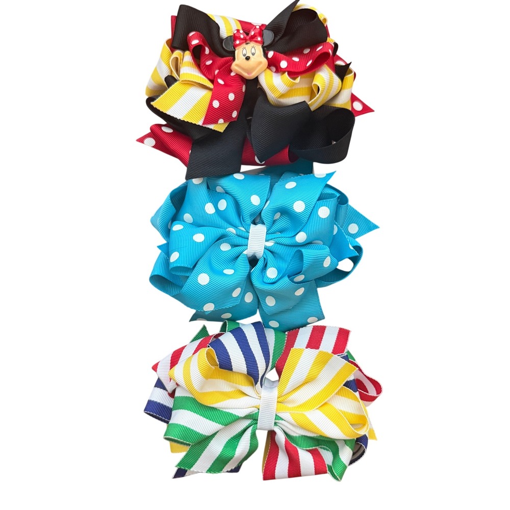 Boutique Hair Bow Mouse Polka Dot Striped Grosgrain Set of 7 Back to School